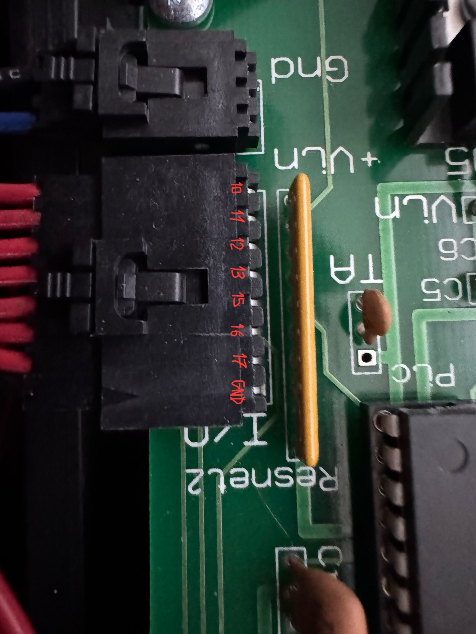 The I/O port pins on the board connector, labelled with which pin of the parallel port they're connected to