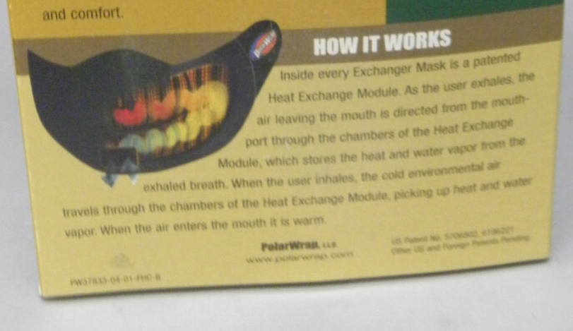 Polar Wrap heat exchanger mask, marketing explanation on the box