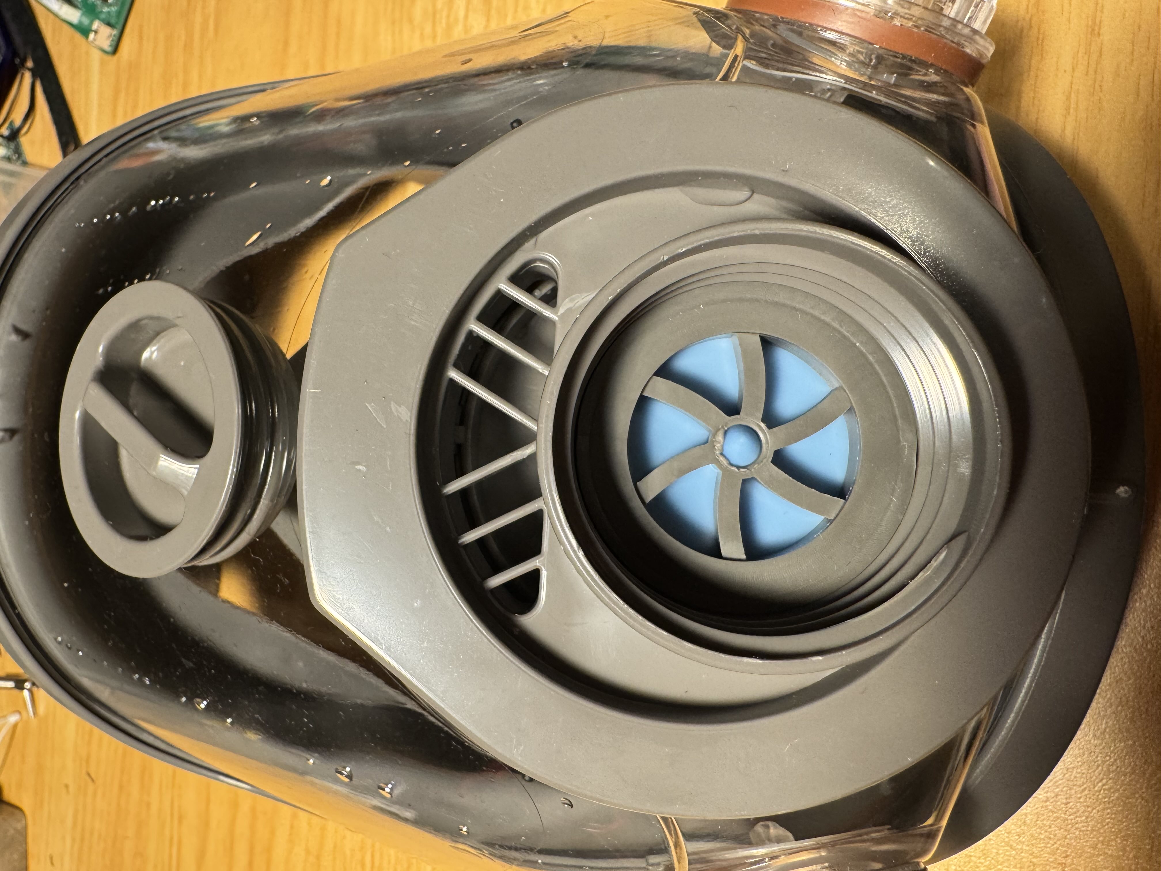 Close-up view of the intake and exhaust ports of the respirator